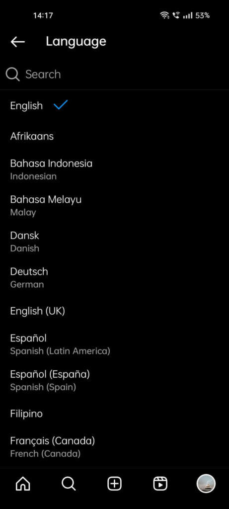Instagram "Language" page where you can see a long list of languages that you can select from