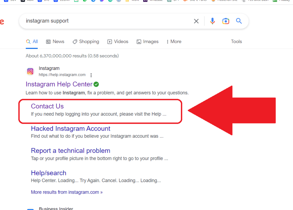 Google search results showing the "Contact Us" option highlighted under the official Instagram Help Center website
