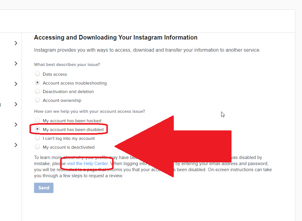 Instagram Help Center where the "My account has been disabled" option and the "visit the Help Center" link are highlighted in red