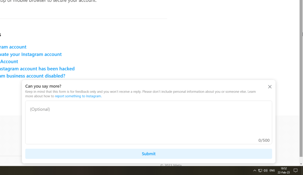 Instagram feedback form where you can explain your problem and send it to Instagram
