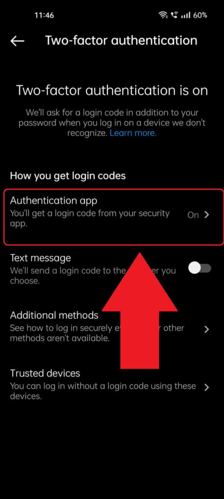 Instagram "Two-factor authentication" settings page where the "Authentication app" option is highlighted 