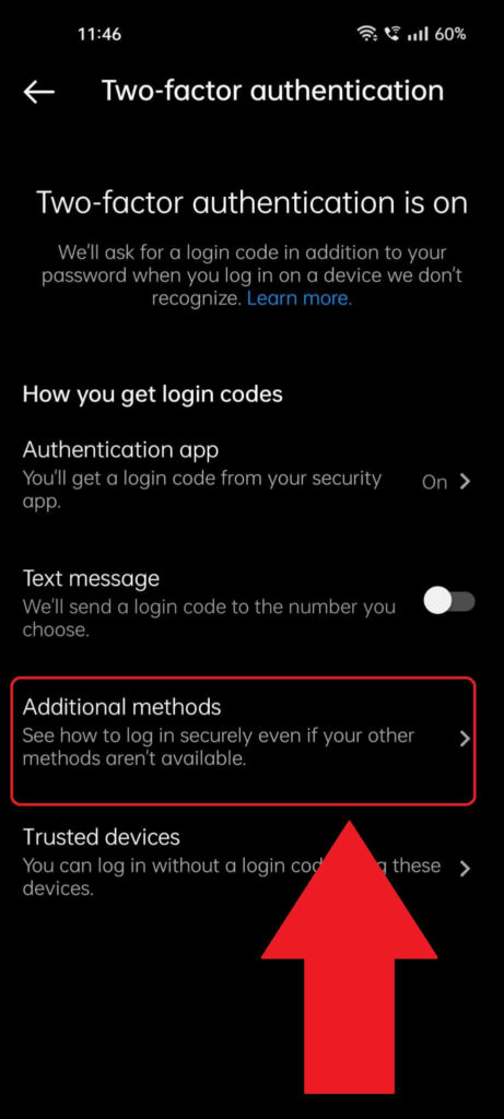 Instagram "Two-factor authentication" page showing the "Additional methods" option highlighted with a red arrow pointed to it