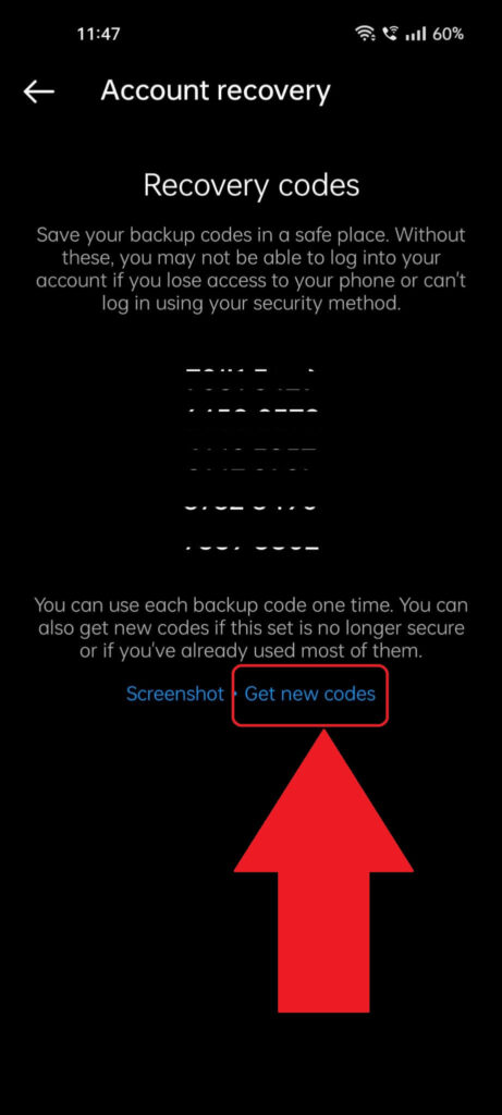 Instagram "Account recovery" page where you can see the "Get new codes" option highlighted in red and an arrow pointed to it