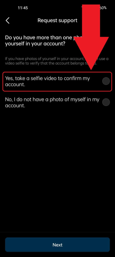 Instagram "Request support" page where the "Yes, take a selfie video to confirm my account" option is highlighted and has a red arrow pointing to it