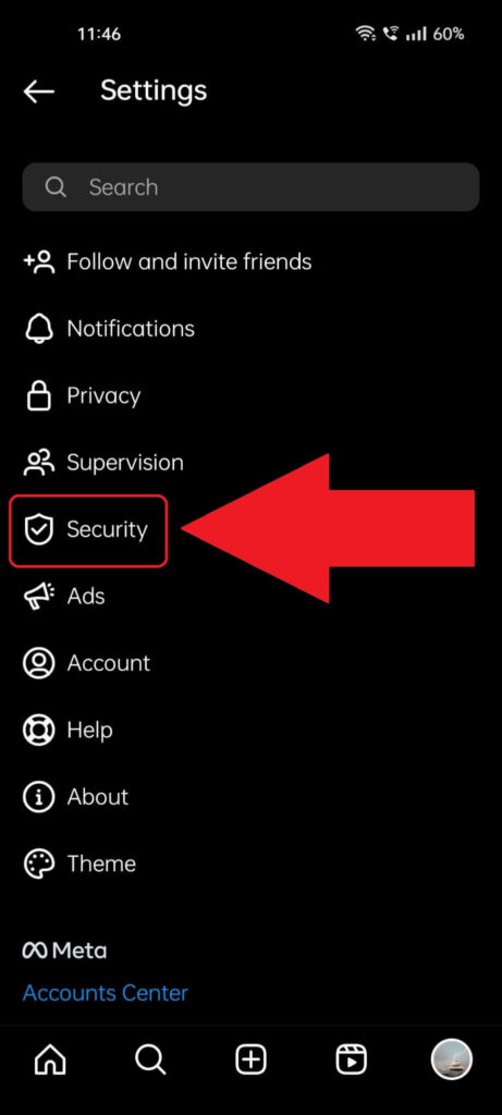 Instagram security settings showing the "Security" option highlighted with a red arrow pointing to it