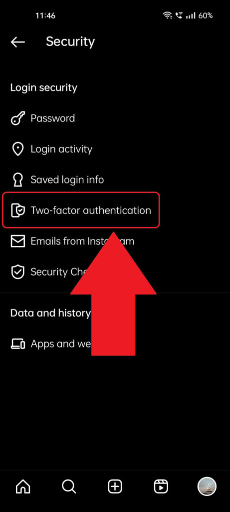 Instagram security settings page where the "Two-factor authentication" option is highlighted and has a red arrow pointed to it