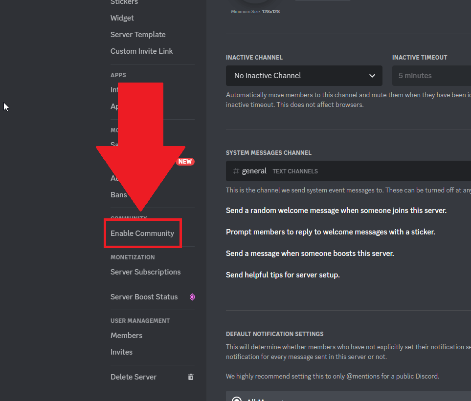 Discord settings page where the "Enable Community" option is highlighted in red