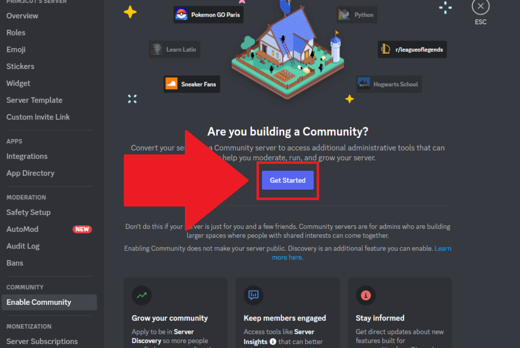 Discord "Community" page showing the "Get Started" button in blue highlighted