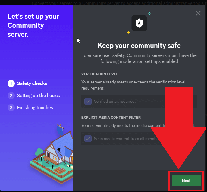 Discord community process showing the first step (verification level + media content filter) where the "Next" button is highlighted