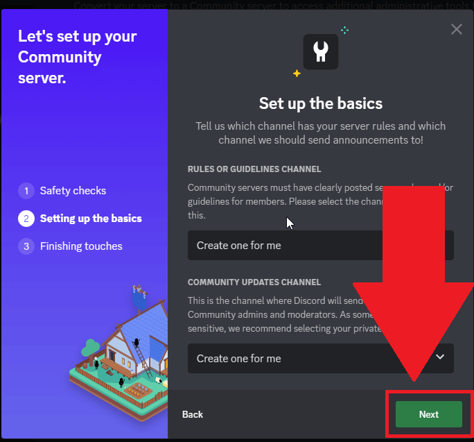 Discord community process showing the second step (rules channel + community updates channel) where the "Next" button is highlighted