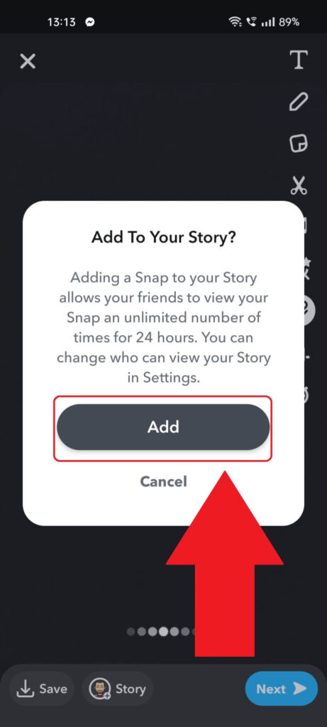 Snapchat confirmation window where you're asked if you want to add the post to your story, and the "Add" button is highlighted with a red arrow pointing to it