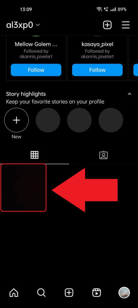Instagram profile page showing a post highlighted in red and a red arrow pointing to it