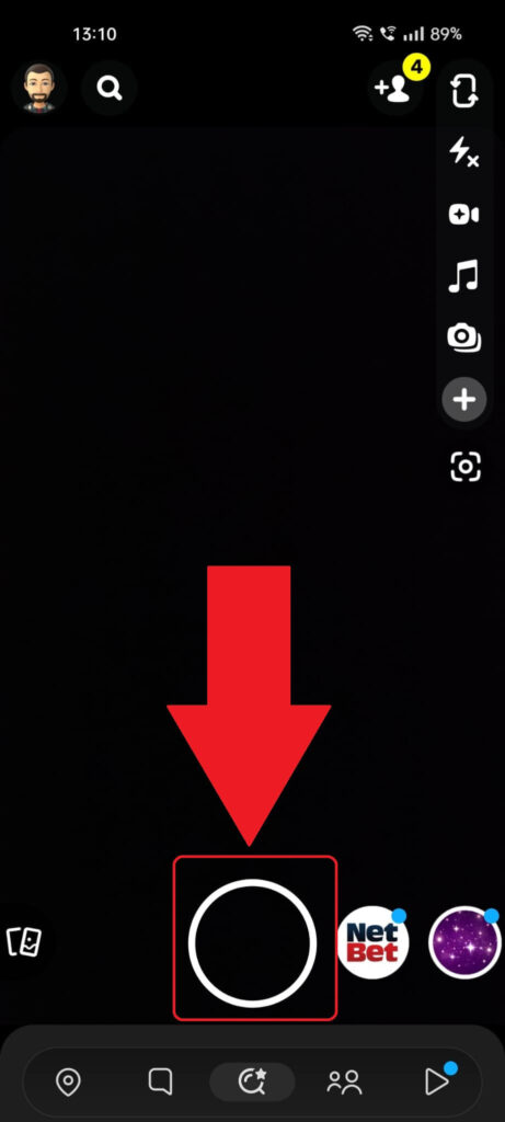 Snapchat camera feature where the "Snap" button is highlighted in red and has a red arrow pointing to it