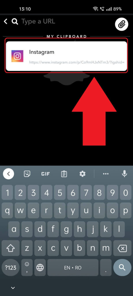 Snapchat URL clipboard page showing the Instagram link you copied previously highlighted in red
