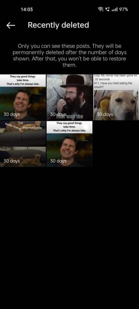 Instagram "Recently deleted" folder showing all the photos that you recently deleted