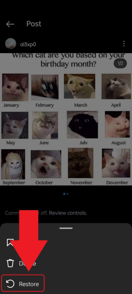 Instagram deleted photo settings that show the "Restore" option highlighted and a red arrow that points to it