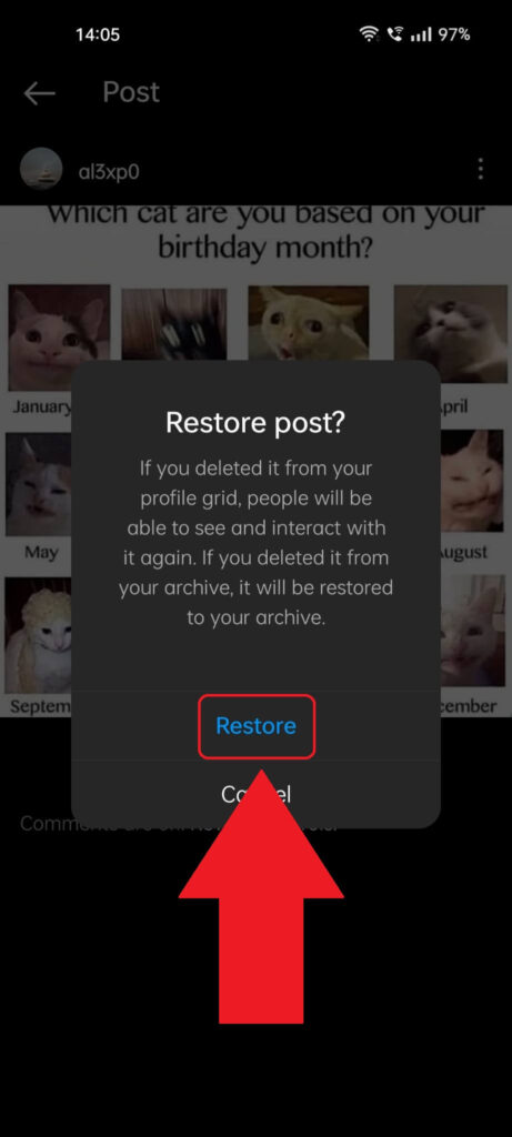 Instagram confirmation window asking you to confirm that you want to restore the photo, where the "Restore" option is highlighted