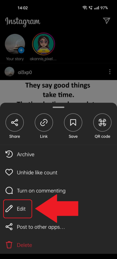 Instagram post menu showing the "Edit" option highlighted and a red arrow pointing to it