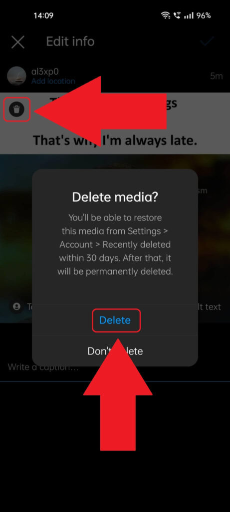 Instagram Carrousel post showing the confirmation window about deleting a photo, where the "Delete" option is highlighted in red