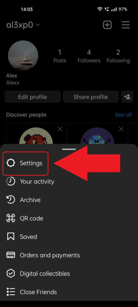 Instagram profile page showing the profile menu opened at the bottom and the "Settings" option highlighted inside it