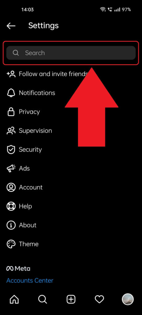 Instagram settings where the search bar at the top of the screen is highlighted and there's a red arrow that points to it