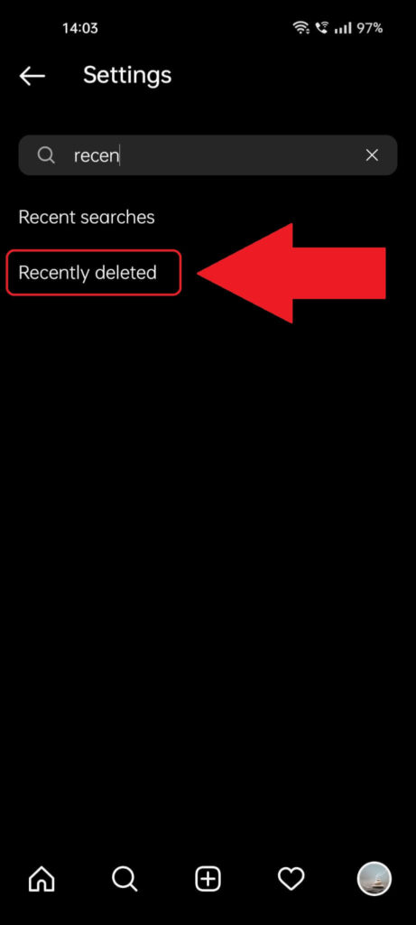 Instagram settings page showing the "Recently deleted" option highlighted in red with a red arrow pointing at it