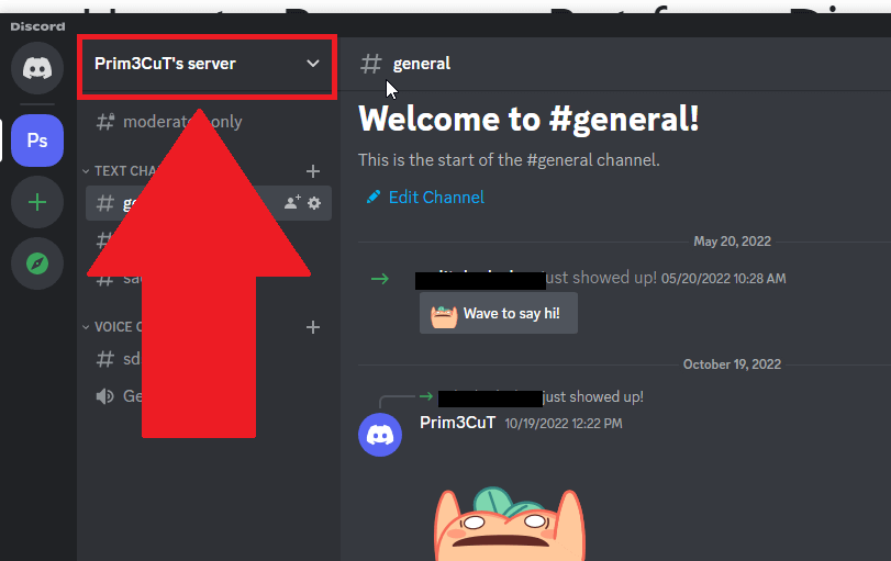 Discord server window showing the server's name highlighted in the top-left corner