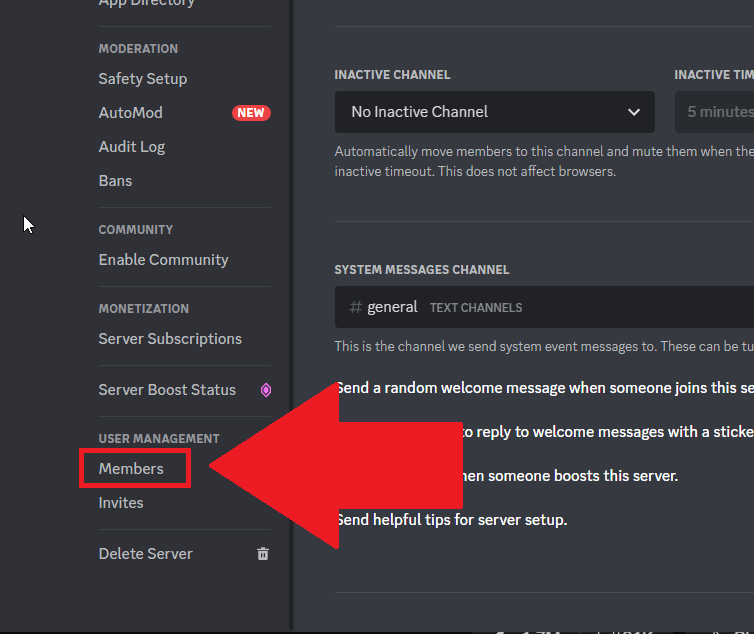 Discord settings page where the "Members" option is highlighted in red