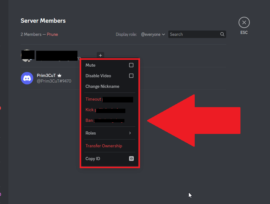 Discord member list showing a settings window for a member
