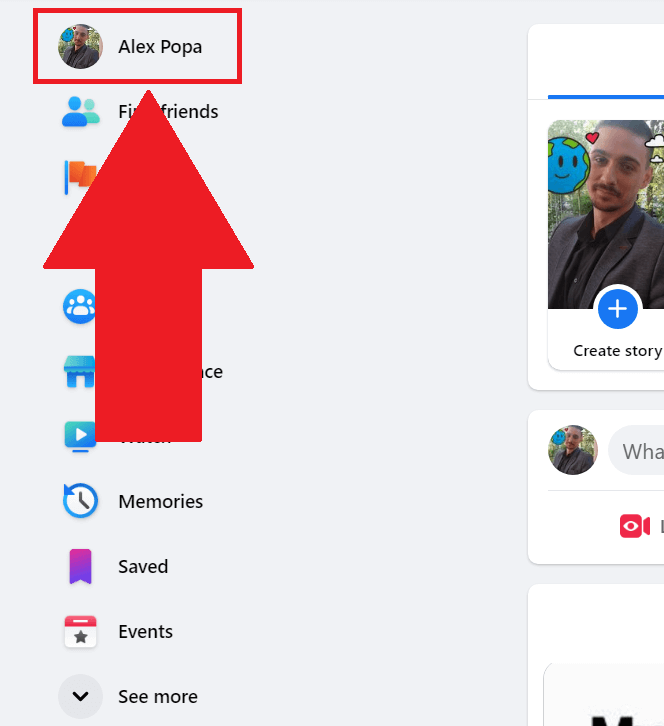 Facebook homepage showing my name and profile picture highlighted in the top-left corner