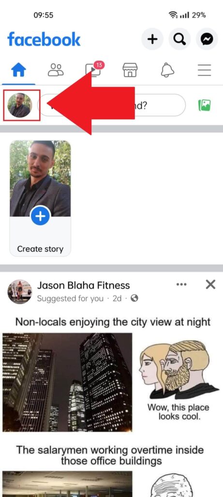 Facebook app showing my profile picture highlighted in the top-left corner