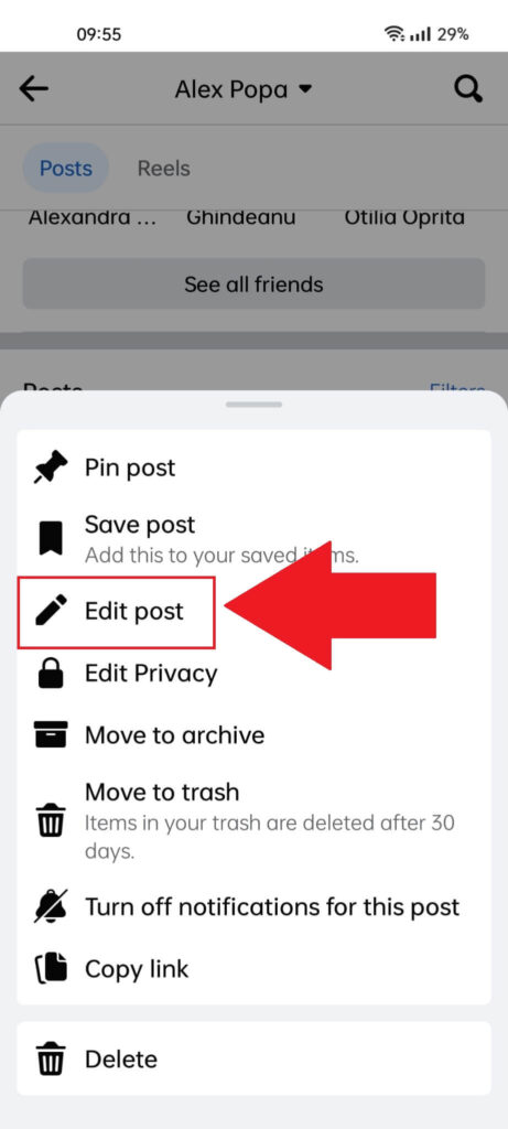 Messenger post options where the "Edit post" option is highlighted in red and has a red arrow pointing to it