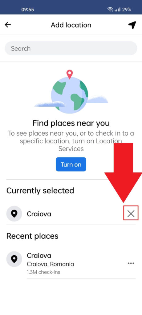 Post "Add location" page where the X button next to the check-in location is highlighted in red