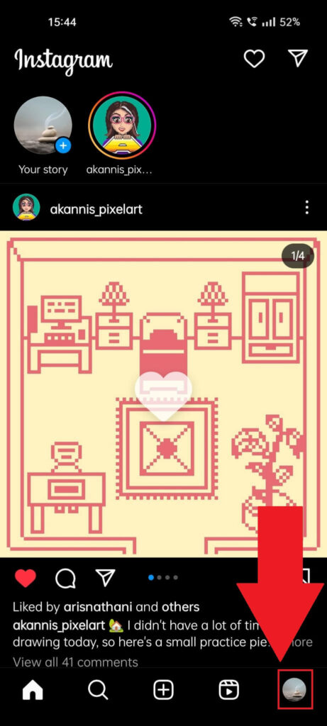 Instagram homepage showing your profile picture highlighted in the bottom-right corner and a red arrow pointing to it