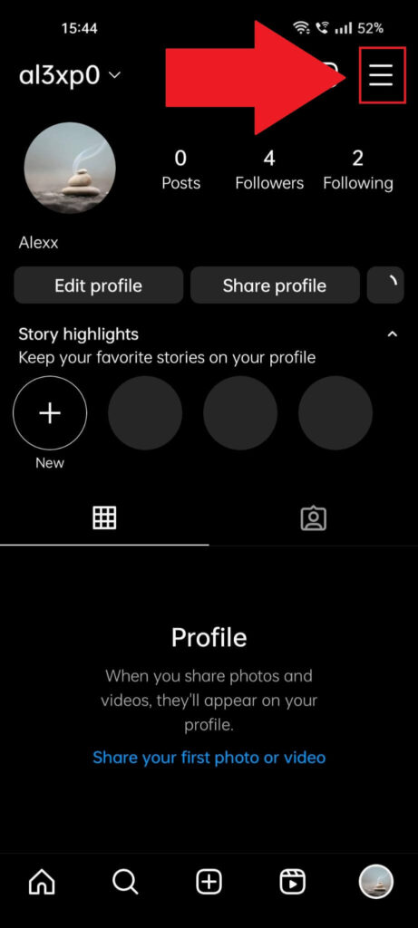 Instagram profile page showing the three-line icon highlighted in the top-right corner and a red arrow that points to it