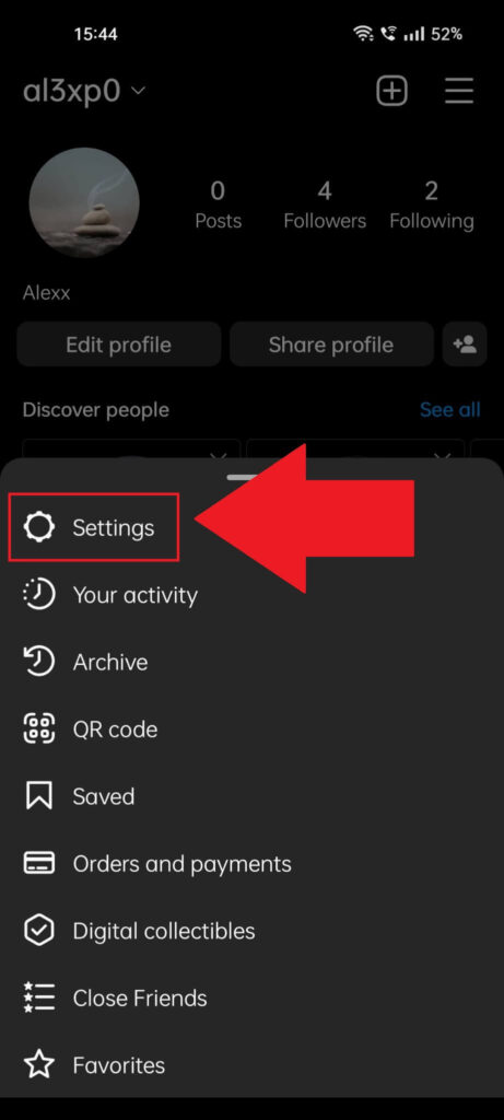 Instagram menu at the bottom of the page showing the "Settings" option highlighted with a red arrow that points to it