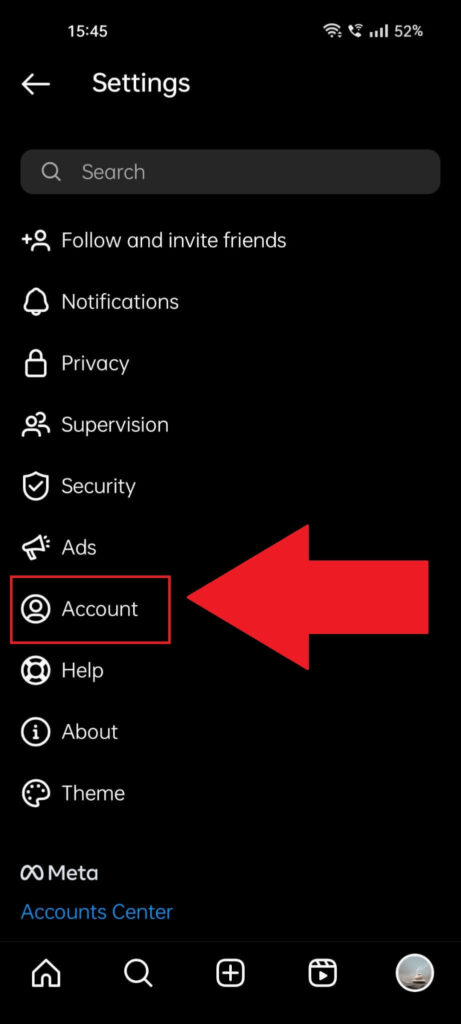 Instagram settings page where the "Account" option is highlighted and has a red arrow that points to it