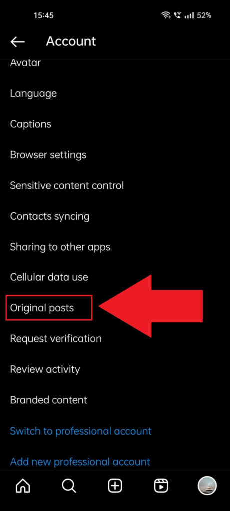 Instagram "Account" settings page where the "Original posts" option is highlighted and has a red arrow pointing to it