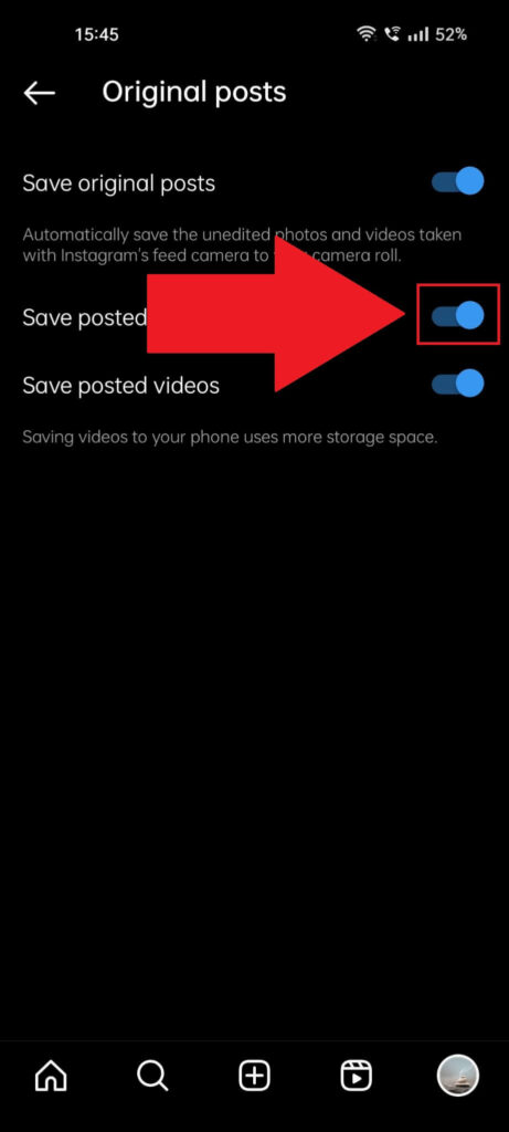 Instagram "Original posts" settings page where you can see the "Save posted photos" option highlighted in red