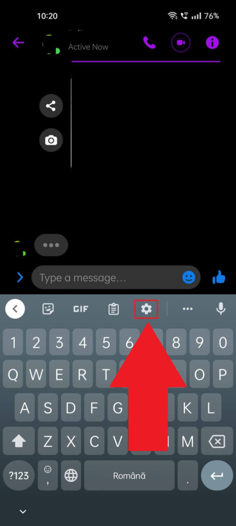 Facebook Messenger keyboard showing the Gear icon highlighted in red