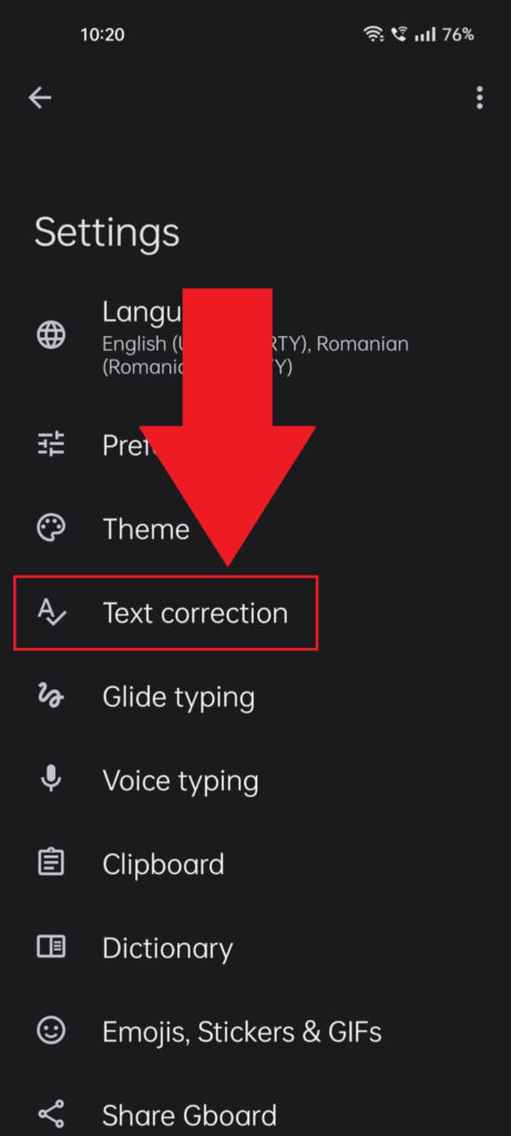 Android keyboard settings where the "Text correction" option is highlighted in red