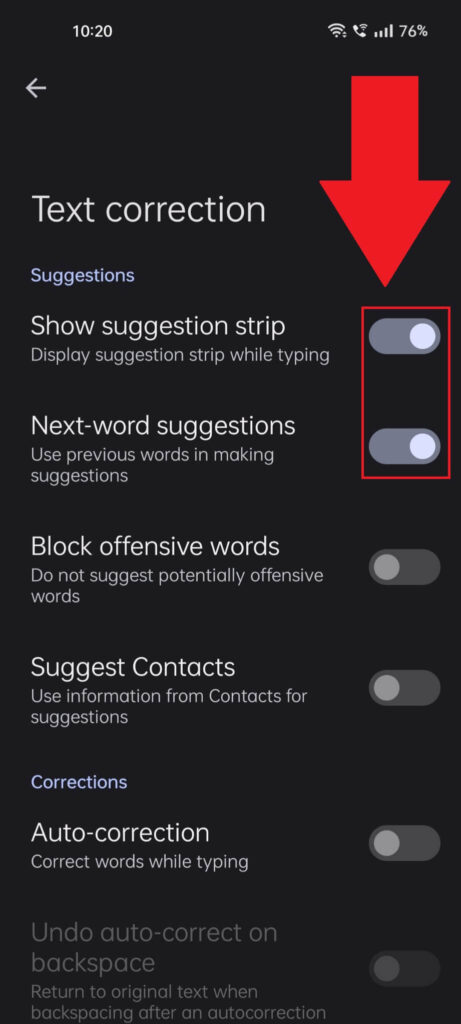 Android keyboard "Text correction" page showing the "Show suggestion strip" and "Next-word suggestions" options highlighted