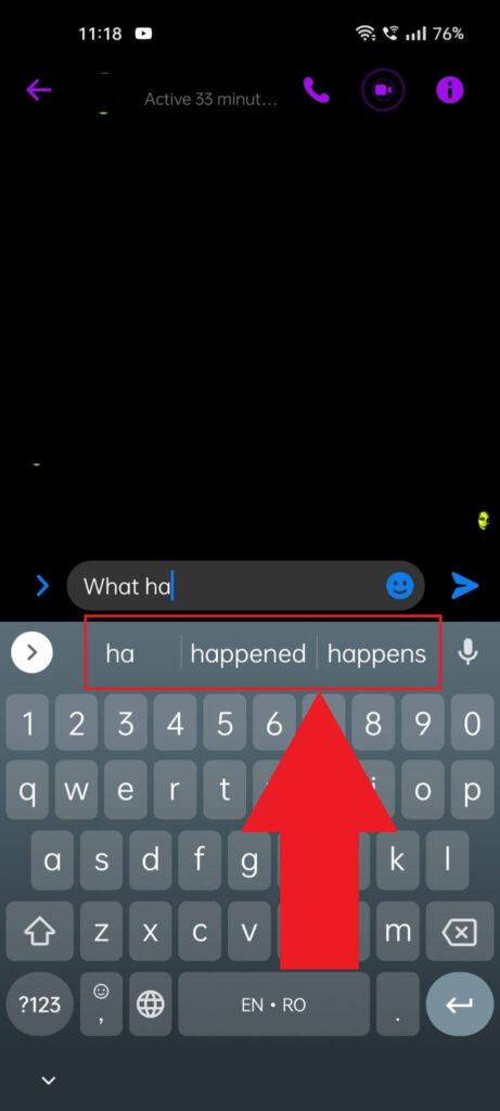 Facebook Messenger chat showing the keyboard text prediction strip highlighted in red