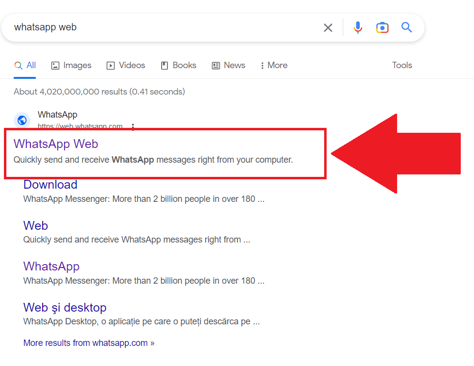 Google Chrome search results showing the WhatsApp Web website highlighted in red