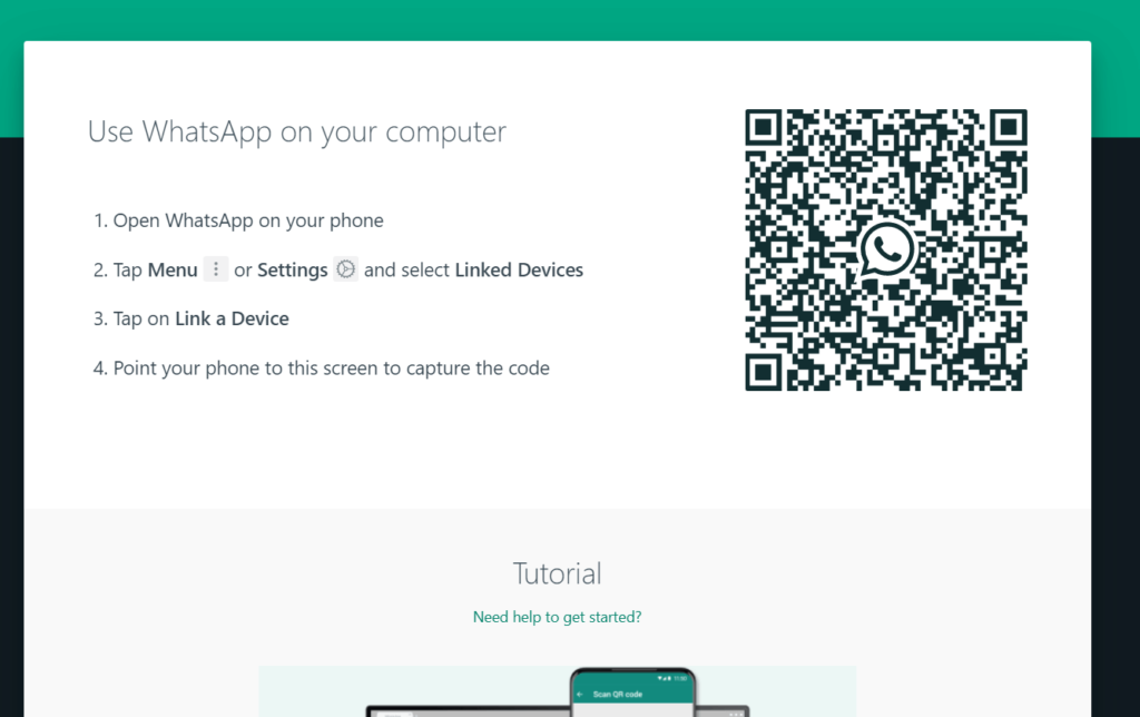 WhatsApp Web main interface where you have to scan the QR code with your phone