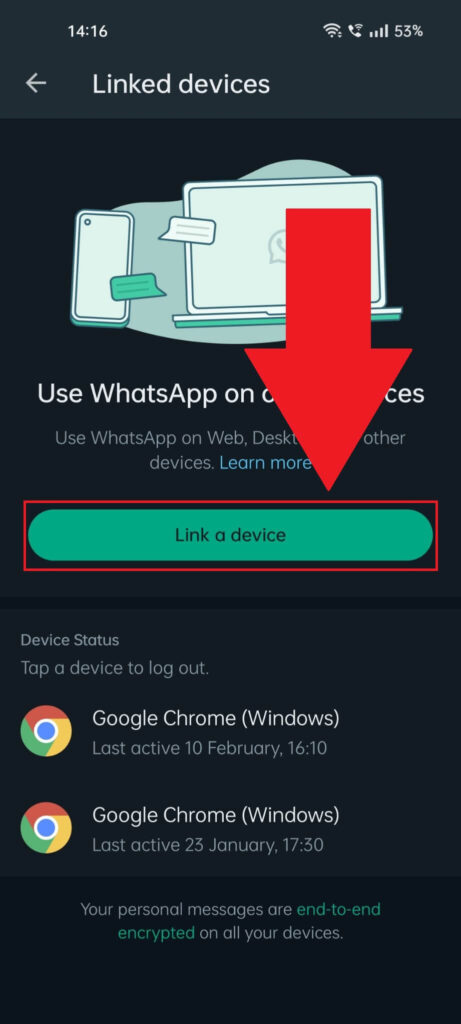 WhatsApp "Linked Devices" option showing the "Link a device" option highlighted and a red arrow pointing to it