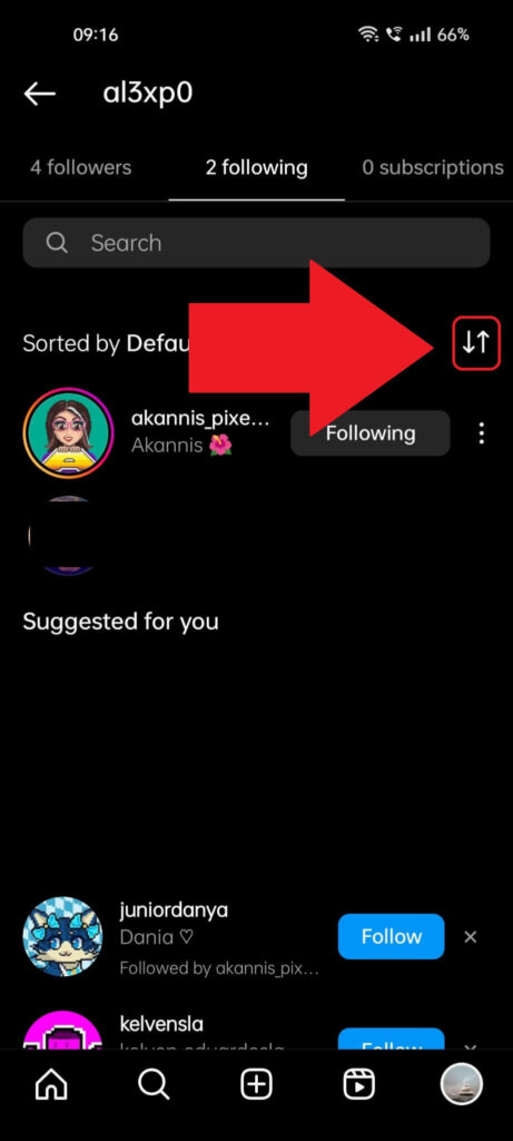 Instagram Following page showing the "Sorting" icon highlighted on the right-hand side, with a red arrow pointing to it