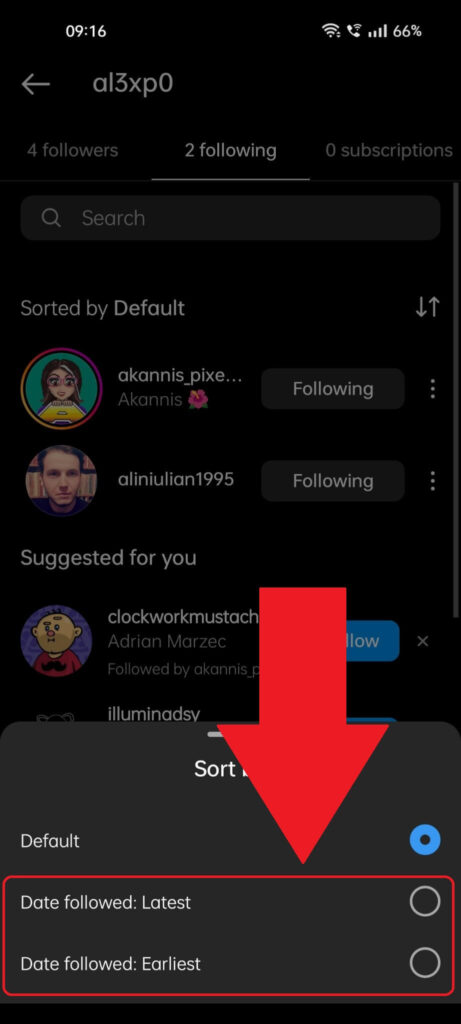Instagram Following list showing the sorting options, and the "Date followed: Latest" and "Date followed: Earliest" options are highlighted