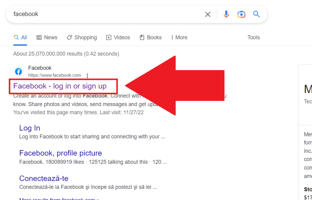 Google search results showing the Facebook official website highlighted in red
