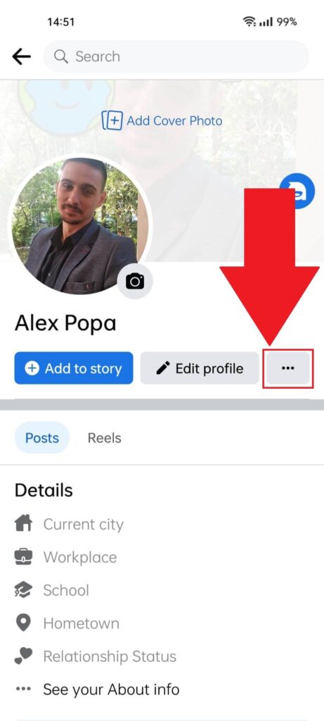 Facebook profile page where the three-dot icon is highlighted in red and has a red arrow pointing to it